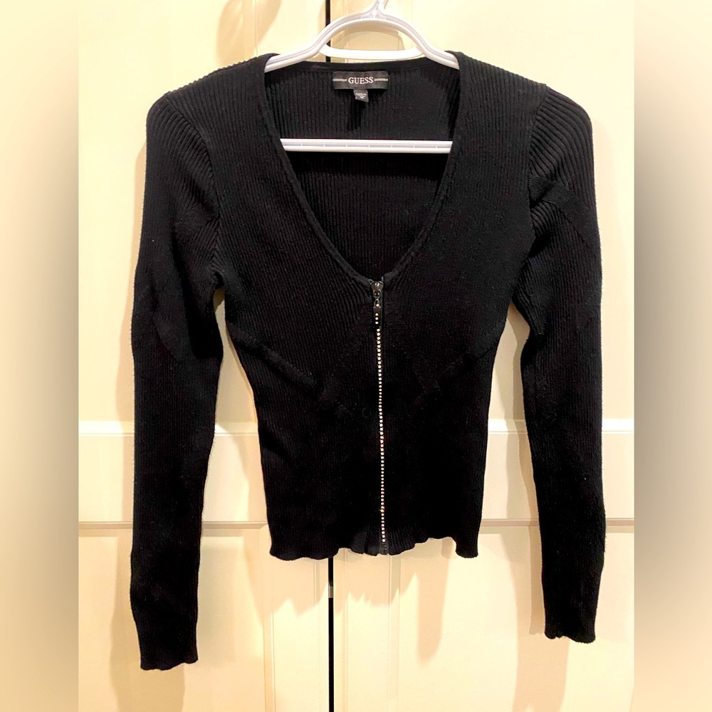 Gently Worn Guess Black Ribbed Sweater Size Medium with a Rhinestone Zipper